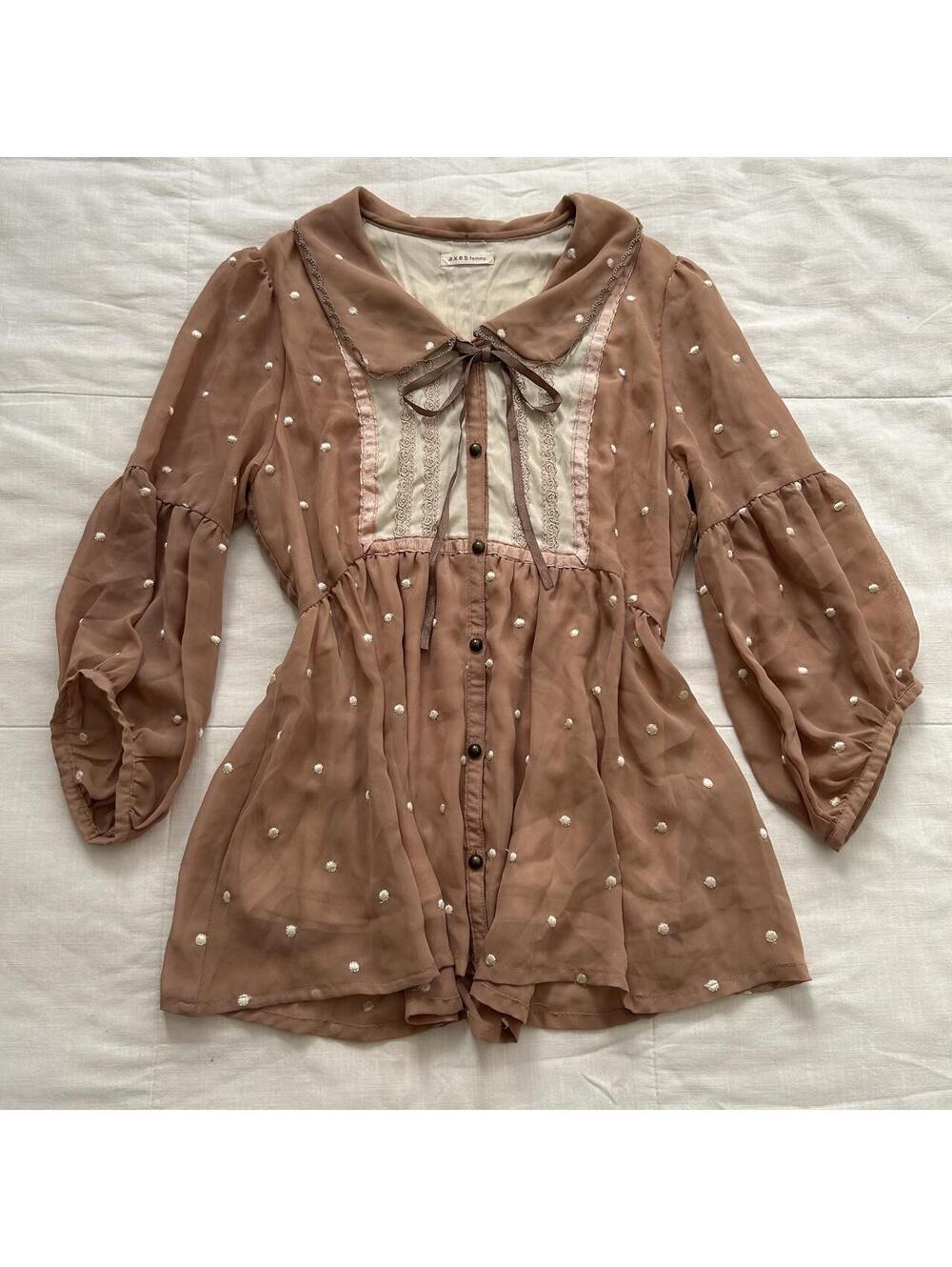Axes Femme Mauve Pink Polka Dot Ribbon Tie Blouse Size M Japan